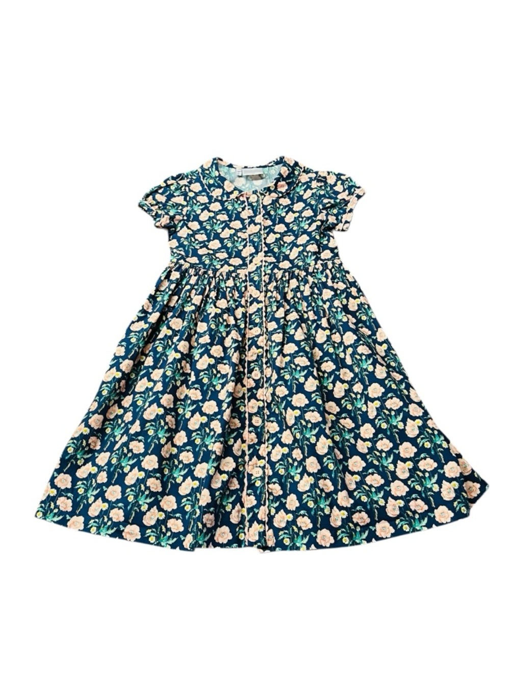 Rachel Riley Navy Floral Button-Front Dress with Pink Roses Size 8Y